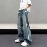Men Jeans Water Washed Hole Jeans Men's Summer Loose Wide-Leg Straight Pants